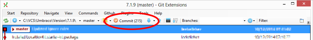 GitExtensions toolbar - Commit button displaying the number of modified files