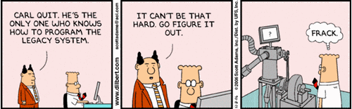 Dilbert cartoon: Maintaining a legacy system, Dilbert is asked to maintain a hand cranked computer system