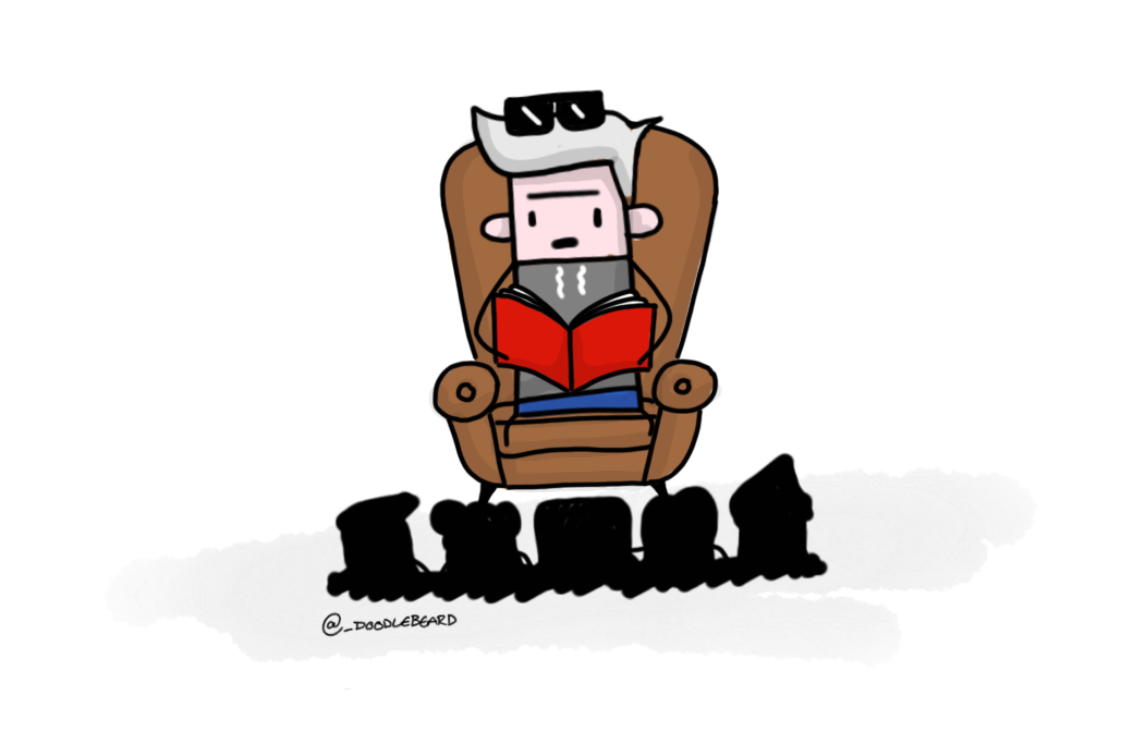 Cartoon of Lee reading a book to people.
