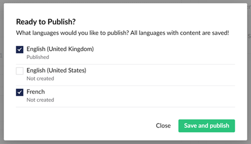 Ready to publish modal box showing the languages that can be published
