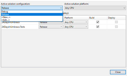Screenshot of configuration manager showing the Debug and Release options