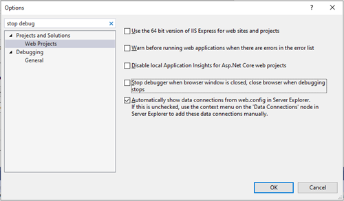 Visual Studio options for stopping the debugger